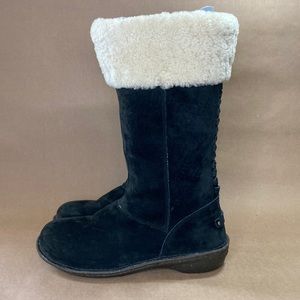 UGG "Karyn" Suede Shearling Lined Mid-Calf Winter Boots, Black, Women's size 10